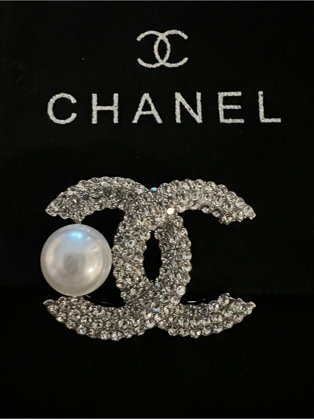 CHANEL Silver Crystal CC Logo Brooch with Pearl Accent